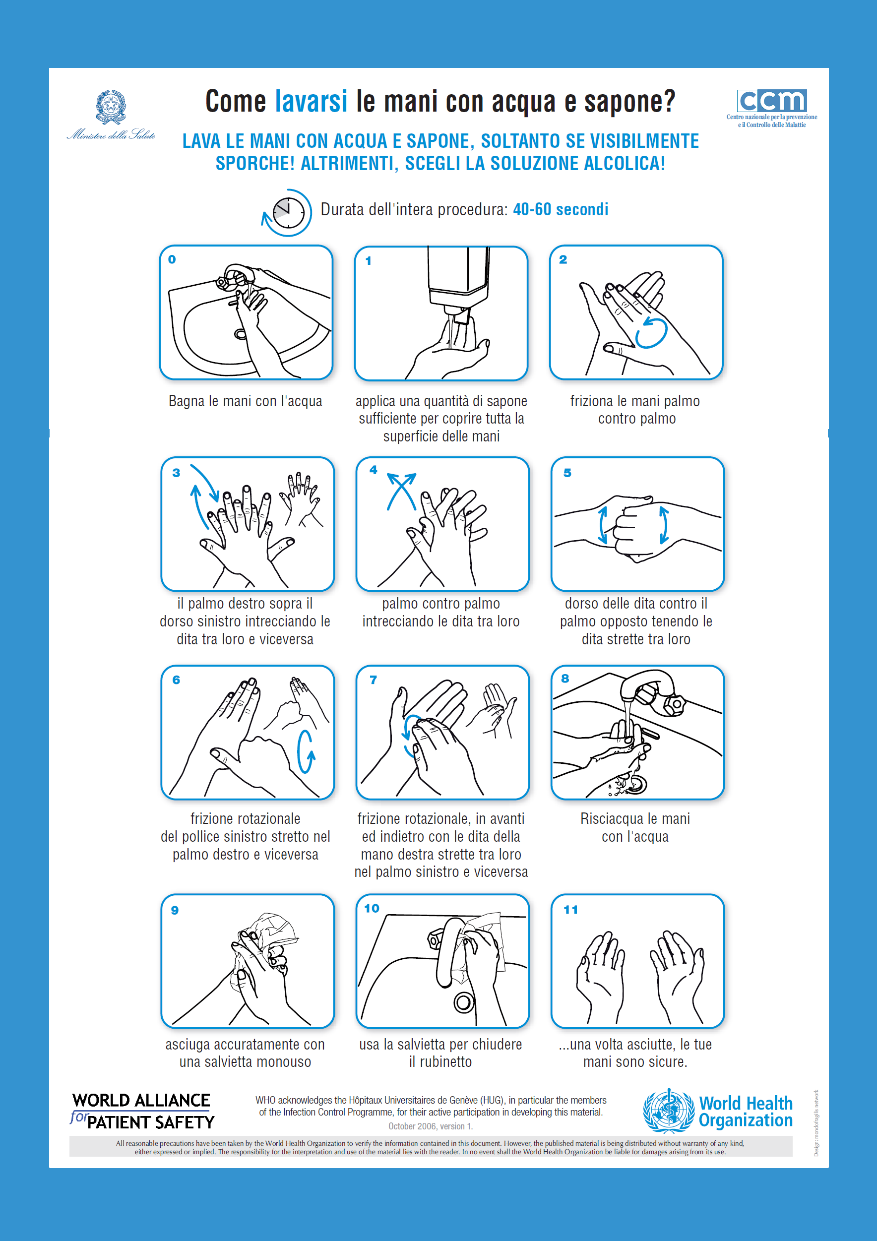 Come lavarsi le mani con acqua e sapone. Fonte Ministero Salute. Link al pdf in modo da vedere ingrandito il manifesto